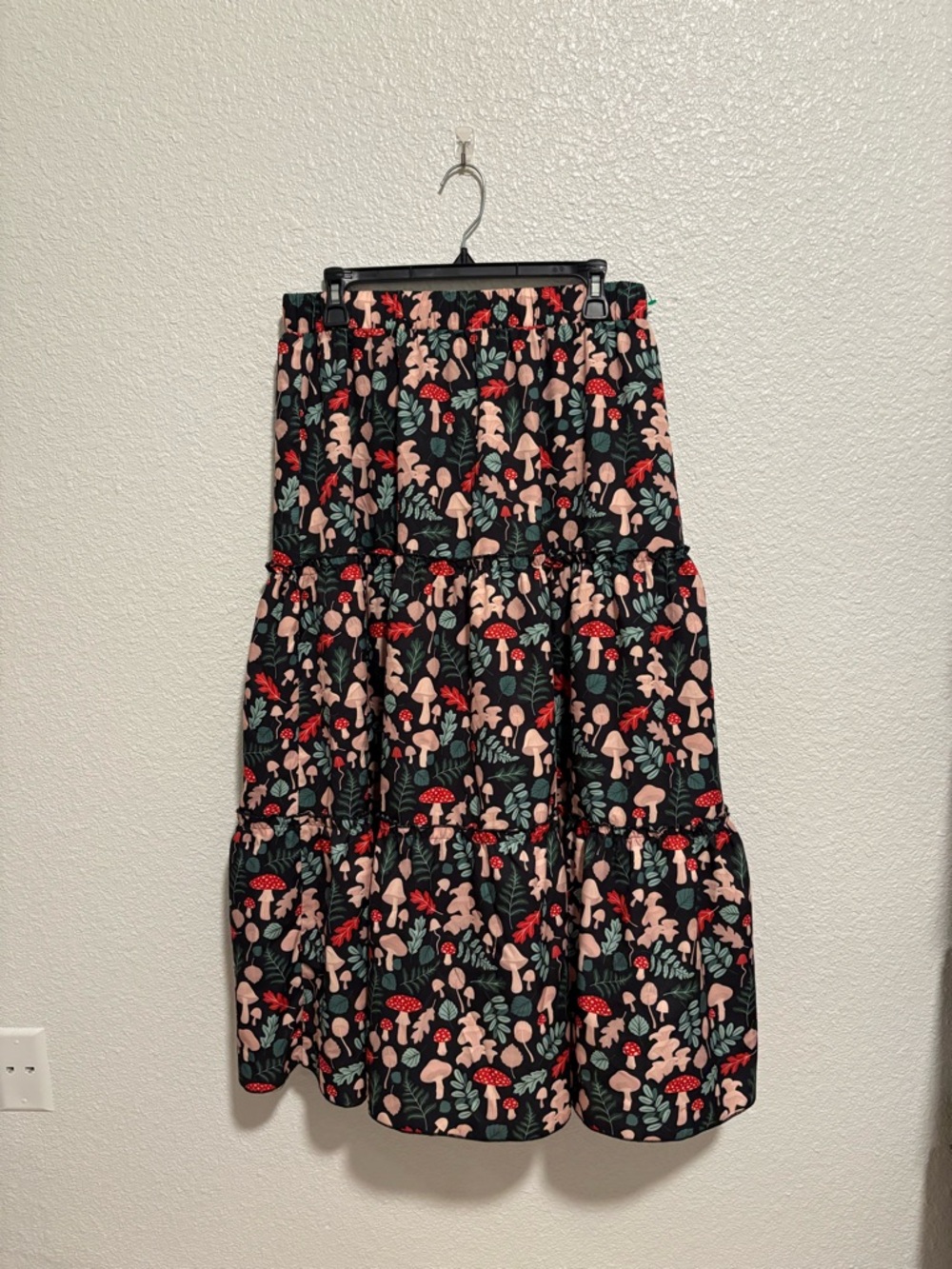 Black Tiered Midi Skirt with Pink & Red Mushroom Print